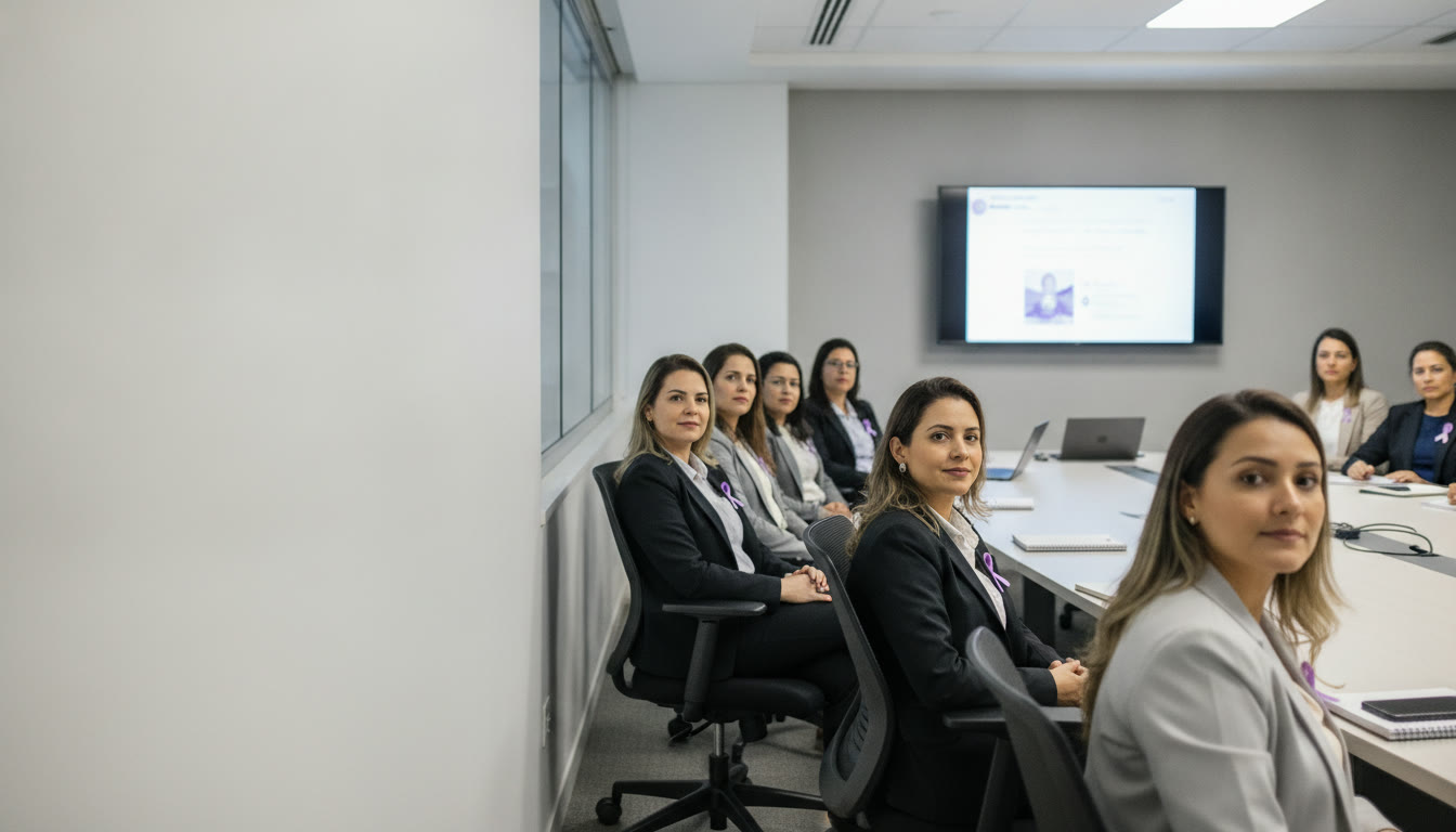 Equipe assistindo a uma palestra sobre prevenção do câncer do colo do útero